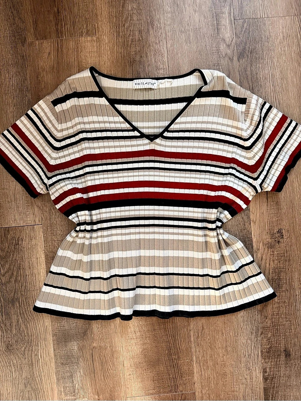 White Stag Striped Short Sleeve Top in Beige & Black
